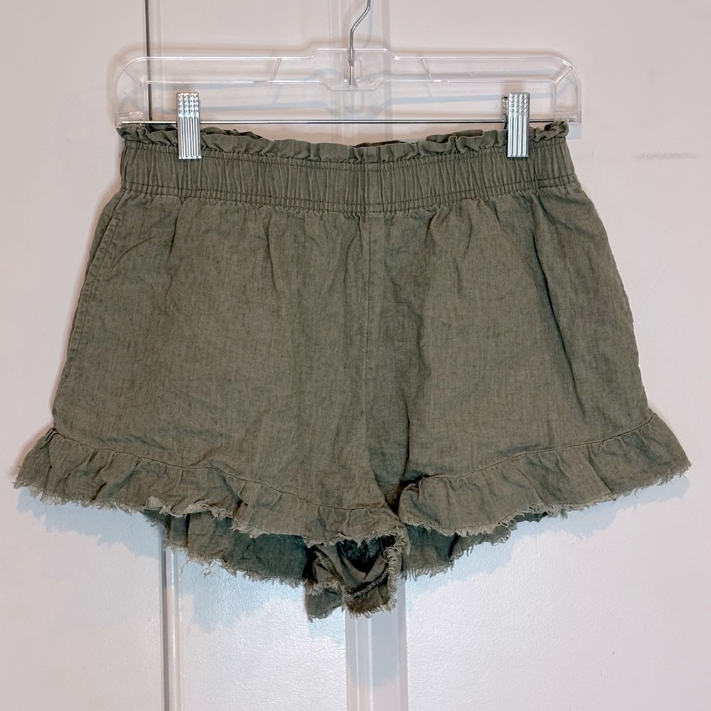 Aerie High Rise Elastic Waist Ruffle Hem Linen Blend Shorts Olive Green S
